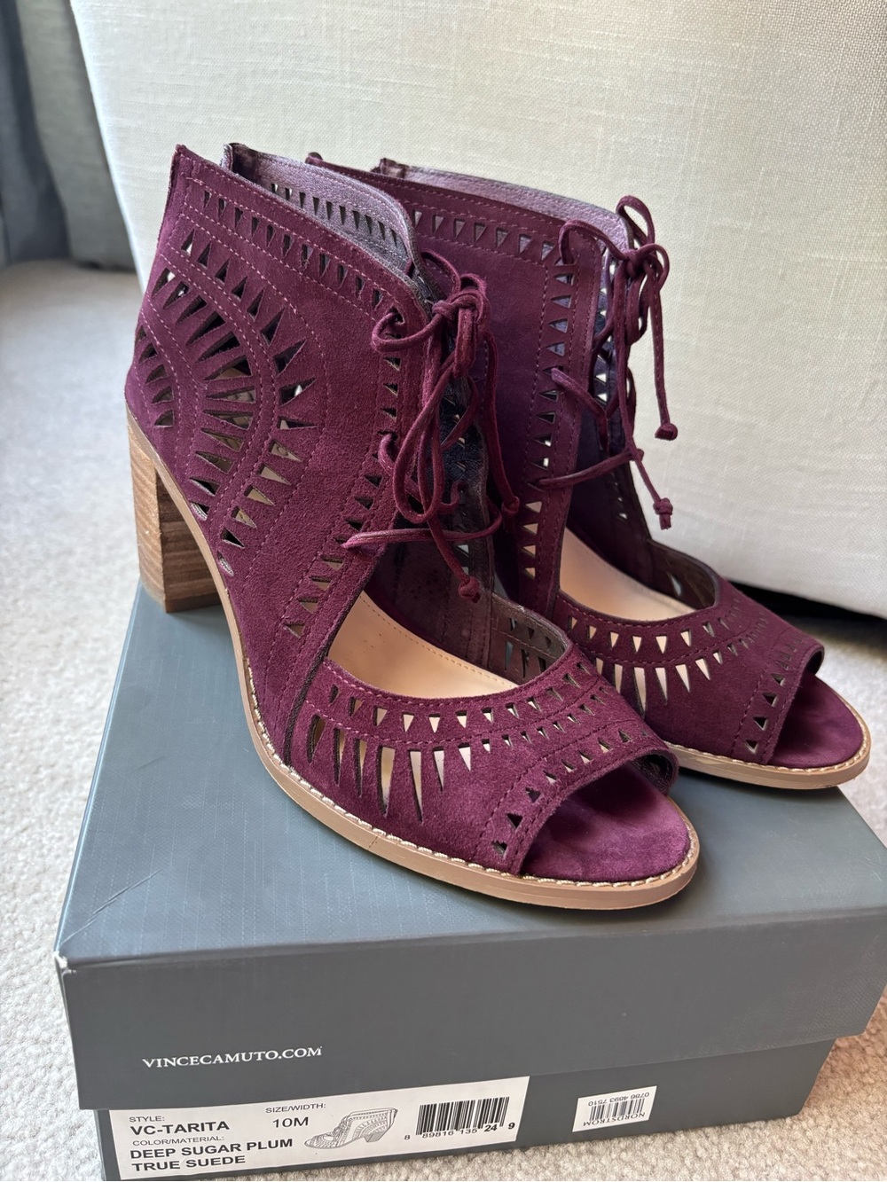 Vince Camuto Plum Suede Laser-Cut Lace-Up Peep-Toe Booties